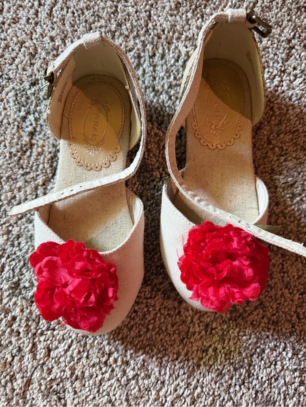 Joyfolie Cream Mary Jane Shoes with Red Flower sz 12 girls